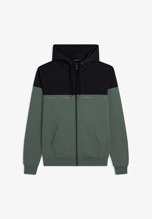 Sweat à capuche zippé bicolore avec la partie supérieure noire et la partie inférieure vert olive, doté de poches frontales et du texte "FREDDY" sur la poitrine.