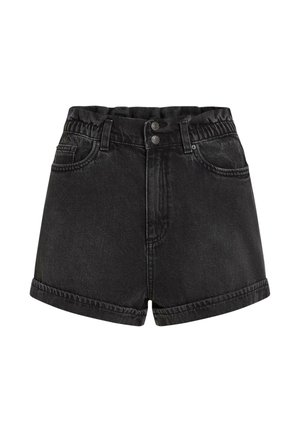 Zwarte denim shorts met een hoge taille, elastische band, twee steekzakken aan de voorkant en opgerolde zomen. Voorzien van twee knopen aan de voorkant.