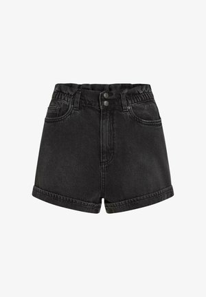 Zwarte denim shorts met een hoge taille, elastische band, twee steekzakken aan de voorkant en opgerolde zomen. Voorzien van twee knopen aan de voorkant.