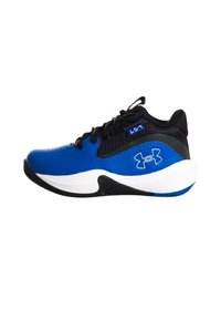 Zapatilla deportiva azul y negra con parte superior texturizada, media suela blanca y suela exterior de goma negra que presenta un patrón de textura distintivo.