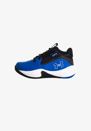 Zapatilla deportiva azul y negra con parte superior texturizada, media suela blanca y suela exterior de goma negra que presenta un patrón de textura distintivo.