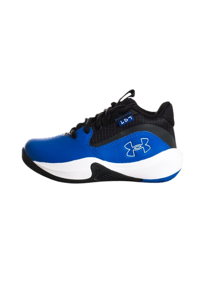 Zapatilla deportiva azul y negra con parte superior texturizada, media suela blanca y suela exterior de goma negra que presenta un patrón de textura distintivo.