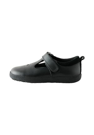 Black children’s Mary Jane shoe with perforated front, adjustable Velcro strap, cushioned sole, and fabric lining.