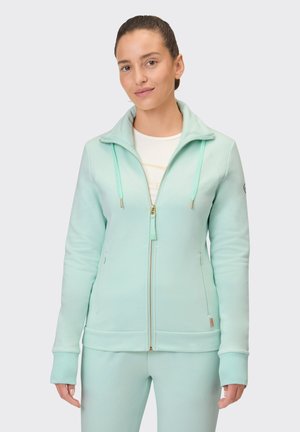 Light mint green zip-up sweatshirt made of soft fabric, featuring a high collar, front pockets, and gold-tone zipper accents.