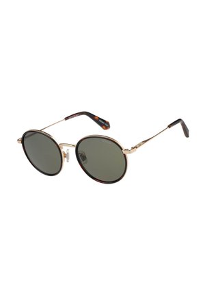 Runde Sonnenbrille mit goldenem Metallrahmen, dunkel getönten Gläsern und Schildpatt-Muster an den Bügelenden auf weißem Hintergrund.