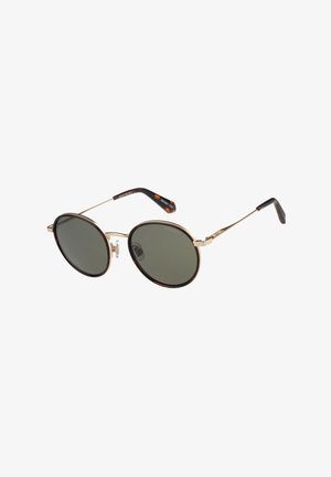 Runde Sonnenbrille mit goldenem Metallrahmen, dunkel getönten Gläsern und Schildpatt-Muster an den Bügelenden auf weißem Hintergrund.