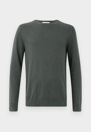 Suéter de manga longa verde escuro, feito de um tecido macio e texturizado, com decote redondo e punhos e bainha canelados. Design simples e clássico.