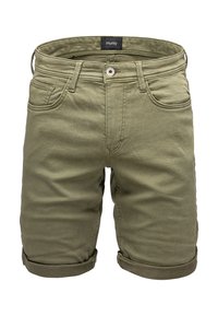 Olivgrüne Denim-Shorts mit umgeschlagenem Saum, fünf Taschen und einem gebrandeten Bund. Mit einem Metallknopf und Reißverschluss.