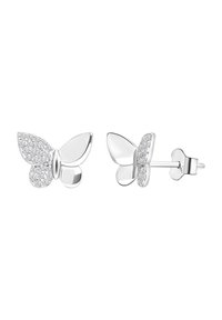 Boucles d'oreilles en argent en forme de papillon, avec un côté à la finition lisse et l'autre orné de petites pierres scintillantes, mettant en valeur un design raffiné.