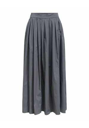 Grauer plissierter Maxirock aus leichtem Stoff, mit breitem Bund und vertikalen Falten, die eine vollere Silhouette schaffen.