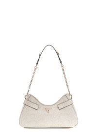 Witte handtas met patroon en een gebogen vorm, slangprintstructuur, voorzien van gouden accenten en een zwart kettinkje als handvat. Stijlvol silhouet, praktisch ontwerp.