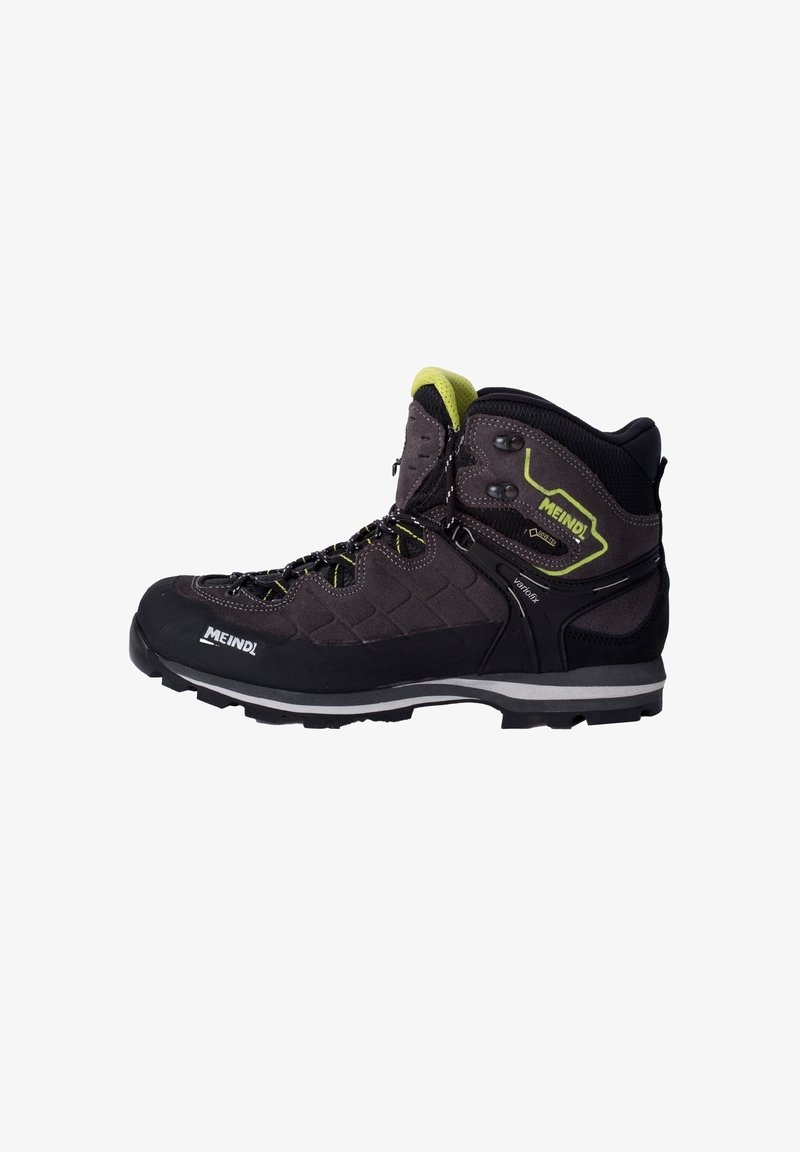 Black and gray hiking boot with a textured upper, green accents, and reinforced toe. Features a lacing system and rugged sole for traction.