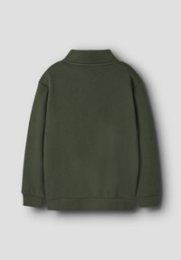Dunkelgrüner langärmeliger Pullover mit hohem Kragen, gerippten Bündchen und Saum, von hinten auf einem schlichten hellen Hintergrund gezeigt.