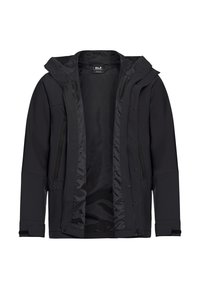 Black softshell jacket with a hood, zippered pockets, and elastic cuffs. Features a smooth interior lining and a minimalistic design.