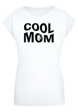 Balta trumpa rankovė t-shirt marškinėliai su ryškiu juodu užrašu "COOL MOM" ir grafinėmis detalėmis, pagaminti iš švelnaus medvilninio audinio. Atsipalaidavęs siluetas.