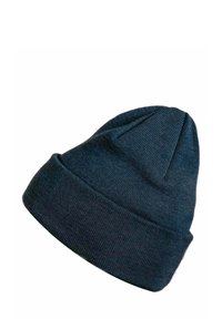 Knitted navy beanie hat with a folded cuff and a rounded top, featuring ribbed texture and seam detailing.