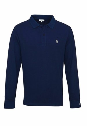 Marineblauw poloshirt met lange mouwen, twee knopen, kraag, klein wit logo op de linkerborst en "US" geborduurd op de linker manchet.