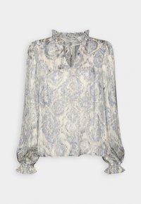 Blouse légère de couleur crème avec un motif abstrait bleu. Elle présente un col volanté et des manches longues froncées avec des poignets ajustés.