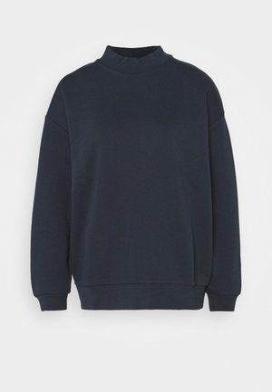 Navy blue pullover sweatshirt with a high neck, long sleeves, elasticated cuffs, and a relaxed fit, made from soft knitted fabric.