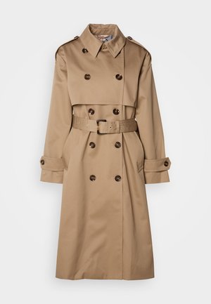 Beige trench coat made of smooth fabric, featuring double-breasted design, large buttons, and a matching belt at the waist.