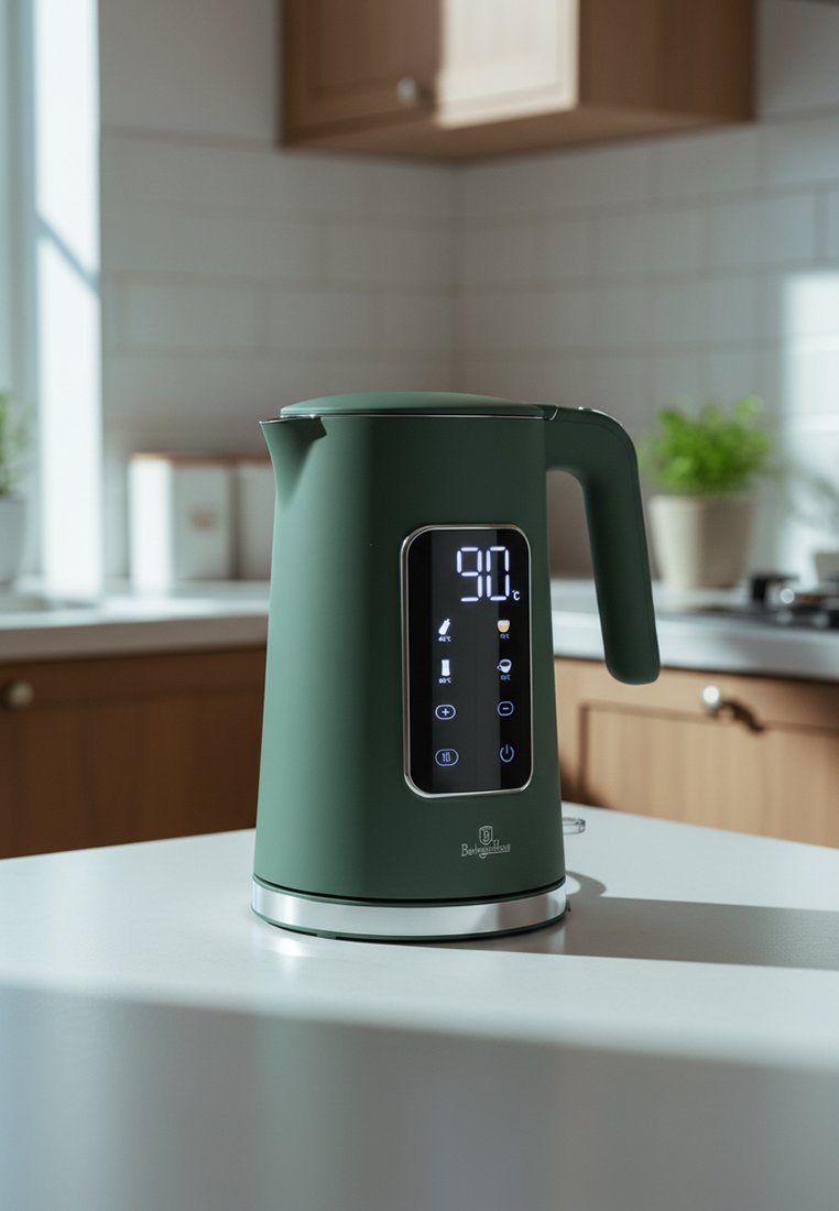 Tmavě zelená elektrická konvice na bílém kuchyňském pultu ukazující 90 °C na digitálním displeji v jasném kuchyňském prostředí.