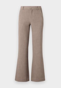 Beige leveled trousers made of a textured fabric, featuring a zip closure and side pockets for functionality. Tailored design.