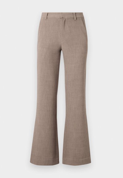 Beige flared trousers made of a textured fabric, featuring a zip closure and side pockets for functionality. Tailored design.