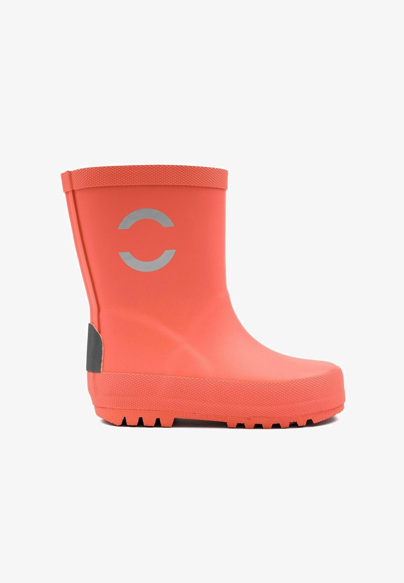 Coral rubber rain boot with a textured upper, a black heel accent, and a reflective circular logo on the side. Deep tread for traction.