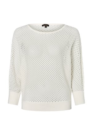 Lightweight, cream knit sweater with a loose, open weave, wide boat neckline, and 3/4 sleeves. Finished with ribbed cuffs and hem.