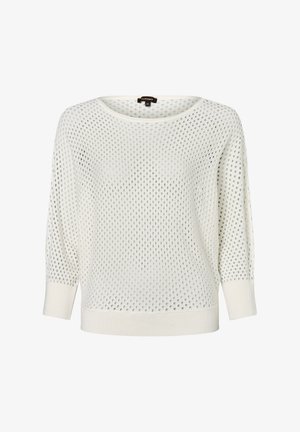 Leichter, cremefarbener Strickpullover mit lockerer, offener Webart, weitem Bootsausschnitt und 3/4-Ärmeln. Abgerundet mit gerippten Bündchen und Saum.