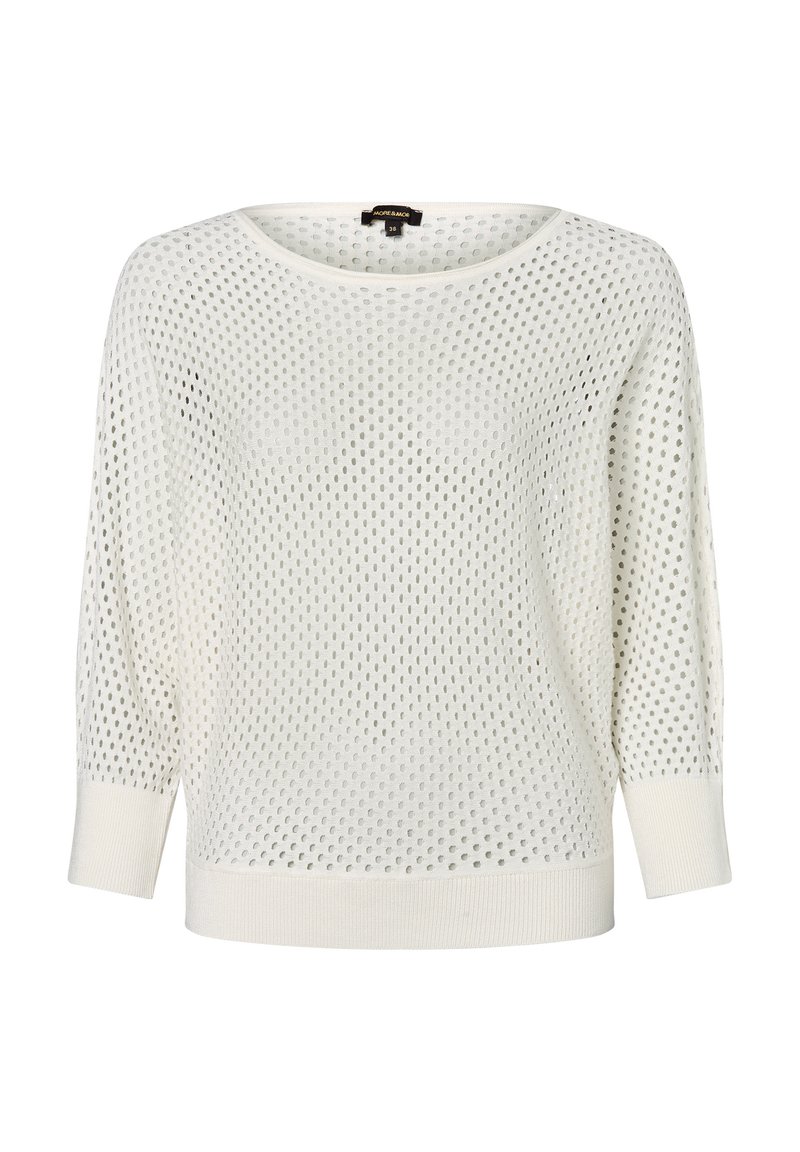 Leichter, cremefarbener Strickpullover mit lockerer, offener Webart, weitem Bootsausschnitt und 3/4-Ärmeln. Abgerundet mit gerippten Bündchen und Saum.