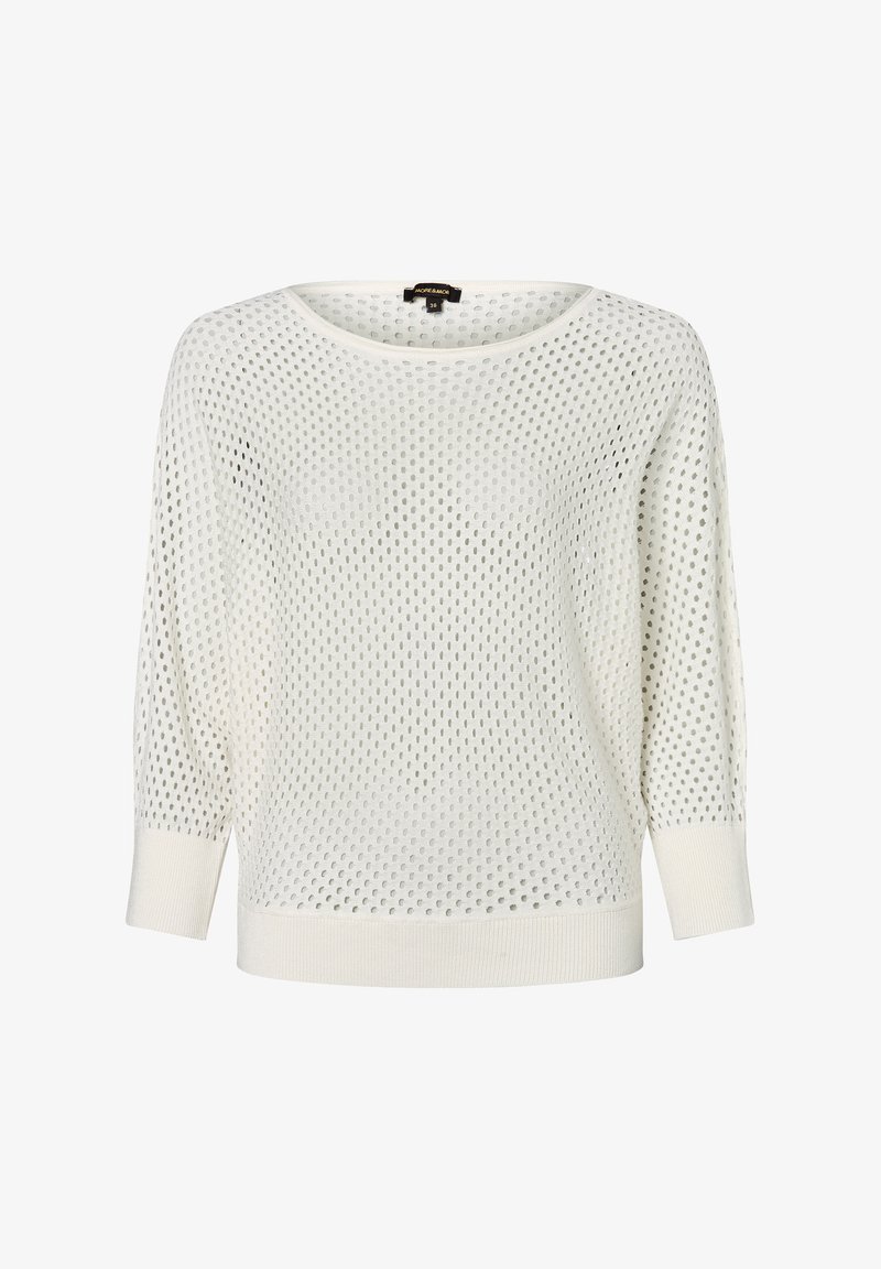 Leichter, cremefarbener Strickpullover mit lockerer, offener Webart, weitem Bootsausschnitt und 3/4-Ärmeln. Abgerundet mit gerippten Bündchen und Saum.
