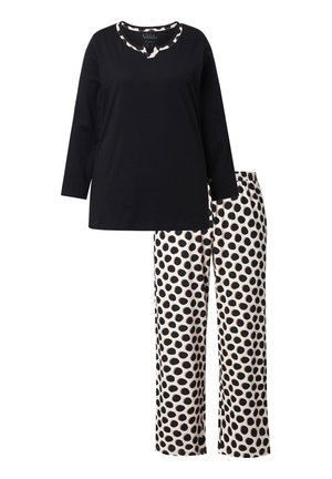 Černý top s dlouhým rukávem s kontrastním vzorovaným výstřihem v kombinaci s krémovými kalhotami s velkými černými puntíky. Měkká tkanina, volný střih.