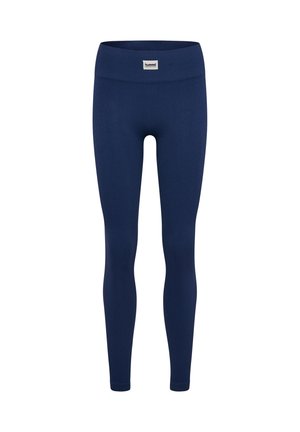 Mørkeblå ribbede leggings med en bred talje og logo mærke; glat tekstur, tætsiddende pasform og uden synlige mønstre eller hardware detaljer.
