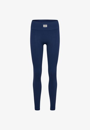 Marineblaue Rippleggings mit breitem Bund und Logosticker; glatte Textur, figurbetonte Passform und keine sichtbaren Muster oder Hardware-Details.