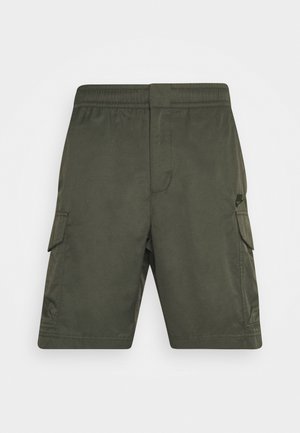 Grønne cargoshorts med elastisk talje, to sidelommer og en glat, let tekstur. Ingen synligt mærke foran.