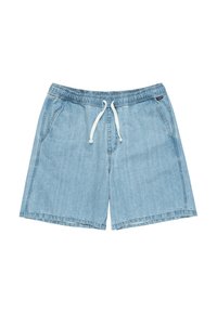 Lichtblauwe denim shorts met een elastische tailleband, trekkoordsluiting en zijzakken. Soepele textuur en een relaxte pasvorm.