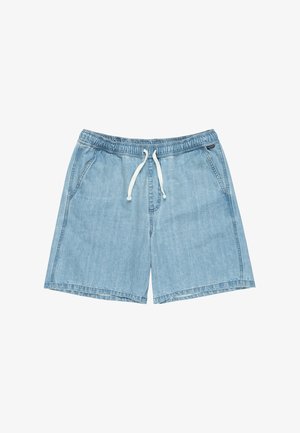 Shorts di jeans azzurri con un elastico in vita, chiusura con cordino e tasche laterali. Textura liscia e vestibilità rilassata.