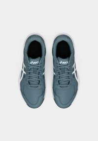 Asics athletic shoes in dark grey with a smooth synthetic upper, white accents, and flat laces. Rounded toe and cushioned soles.