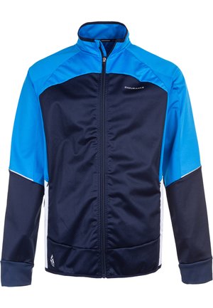 Blaue und marineblaue Zip-Übergangsjacke mit hohem Kragen, aus leichtem Stoff. Mit Netztextur, weißen Akzenten und einem Logo auf der Brust.