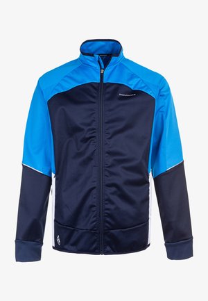 Blå og marineblå lynlåsjakke med høj krave, lavet af letvægtsstof. Har mesh-struktur, hvide detaljer og et logo på brystet.