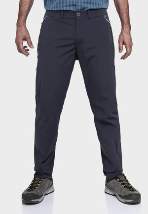 Marineblaue Outdoor-Hosen mit schlankem Schnitt, aus leichtem Material gefertigt. Verfügt über mehrere Taschen und verstärkte Nähte für Langlebigkeit.