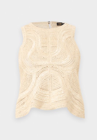 Haut crochet sans manches crème avec motifs texturés circulaires, encolure arrondie et ourlet festonné, étiquette "maje" à l'arrière de l'encolure.