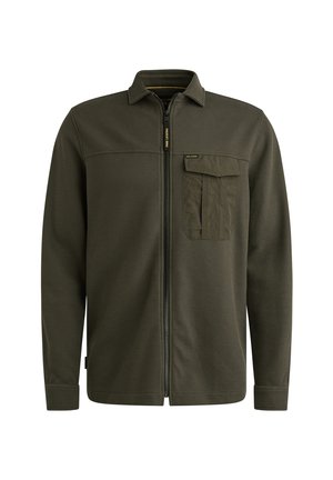 Dunkelgrüne Zip-Jacke aus strukturiertem Stoff. Verfügt über einen Kragen, lange Ärmel und eine Brusttasche mit Klappe. Schlichtes, funktionales Design.