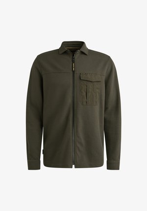 Giacca zip-up verde scuro realizzata in tessuto testurizzato. Caratterizzata da un colletto, maniche lunghe e una tasca sul petto con pattina. Design semplice e funzionale.