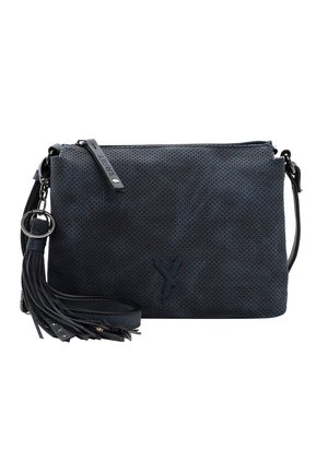 Dark blue perforated crossbody bag with zipper closure, tassel keychain, and adjustable shoulder strap.