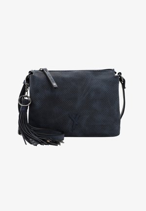 Bolso bandolera azul oscuro perforado con cierre de cremallera, llavero con borla y correa de hombro ajustable.