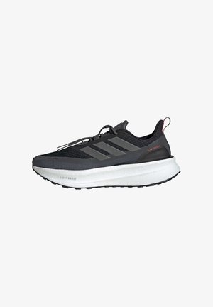 Black athletic shoe with a textured mesh upper, three gray stripes, white cushioned midsole, and black rubber outsole. Features a red accent on the heel.