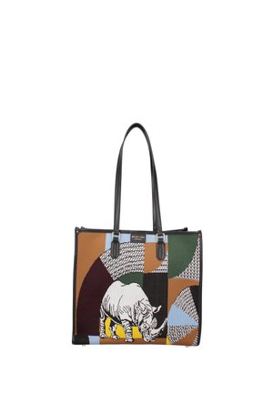 Torba typu tote z czarnymi uchwytami, ozdobiona kolorowym geometrycznym wzorem oraz szczegółową grafiką białego nosorożca na przednim panelu.