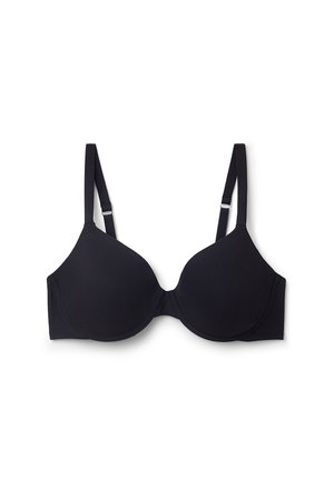 Zwarte bh met gladde, gevormde cups en verstelbare bandjes. Heeft een naadloos ontwerp en minimale stiksels voor een strakke uitstraling.